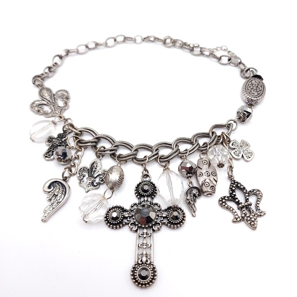 The Unbranded Brand Jewelry - Silver Charm Necklace Cross Rhinestone Fleur De Lis Gothic